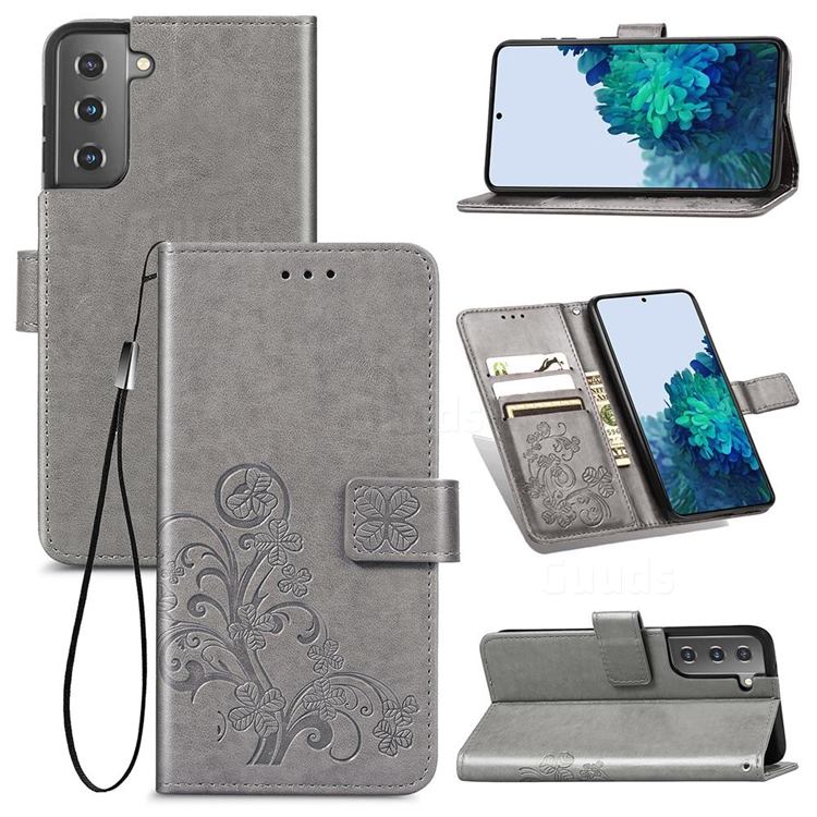 Embossing Imprint Four-Leaf Clover Leather Wallet Case for Samsung Galaxy S21 - Grey