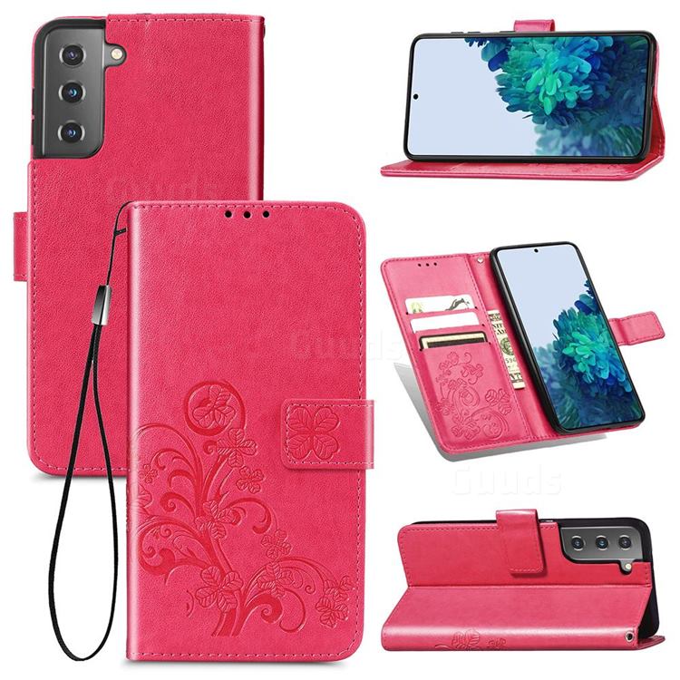 Embossing Imprint Four-Leaf Clover Leather Wallet Case for Samsung Galaxy S21 - Rose Red