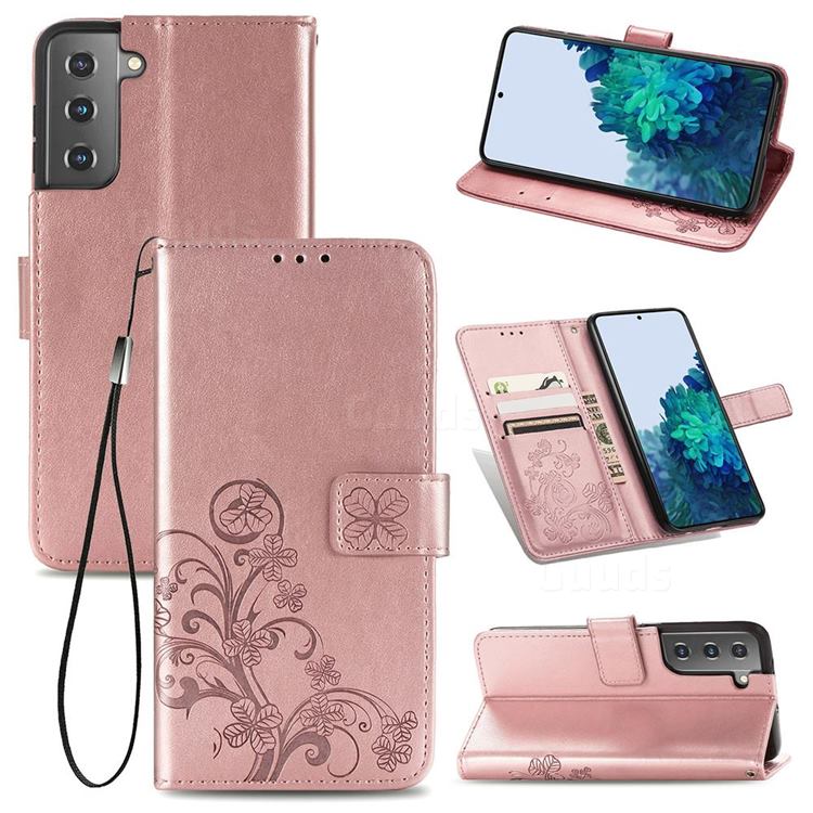 Embossing Imprint Four-Leaf Clover Leather Wallet Case for Samsung Galaxy S21 - Rose Gold