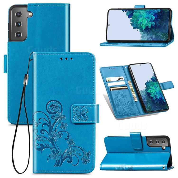 Embossing Imprint Four-Leaf Clover Leather Wallet Case for Samsung Galaxy S21 - Blue