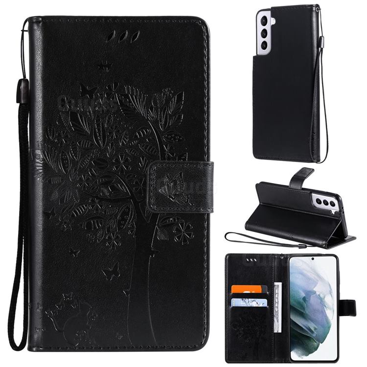 Embossing Butterfly Tree Leather Wallet Case for Samsung Galaxy S21 - Black