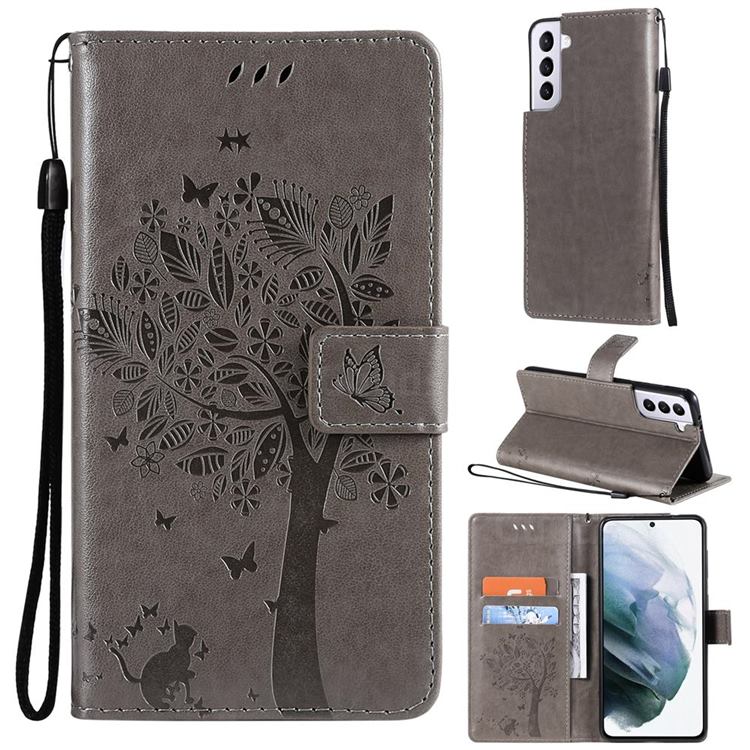 Embossing Butterfly Tree Leather Wallet Case for Samsung Galaxy S21 - Grey