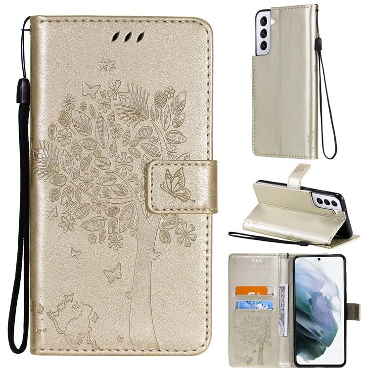 Embossing Butterfly Tree Leather Wallet Case for Samsung Galaxy S21 - Champagne