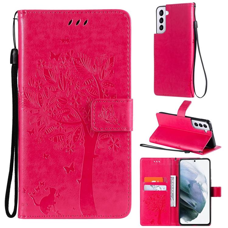 Embossing Butterfly Tree Leather Wallet Case for Samsung Galaxy S21 - Rose