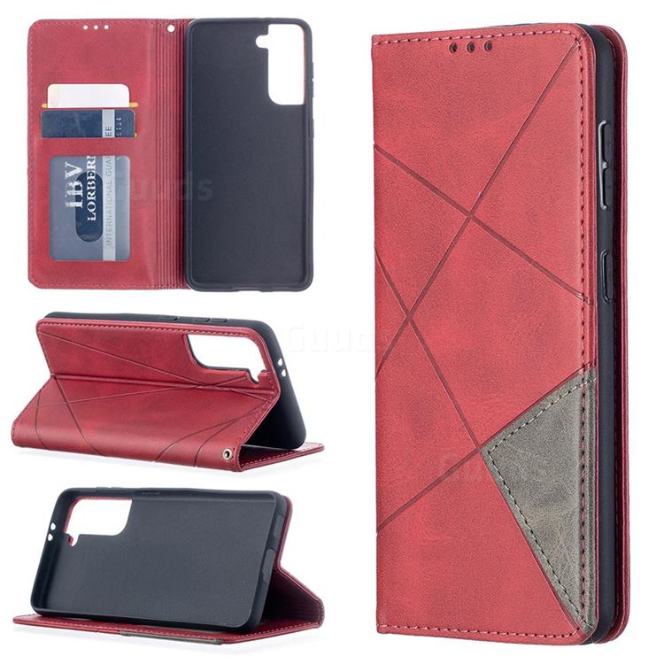 Prismatic Slim Magnetic Sucking Stitching Wallet Flip Cover for Samsung Galaxy S21 - Red
