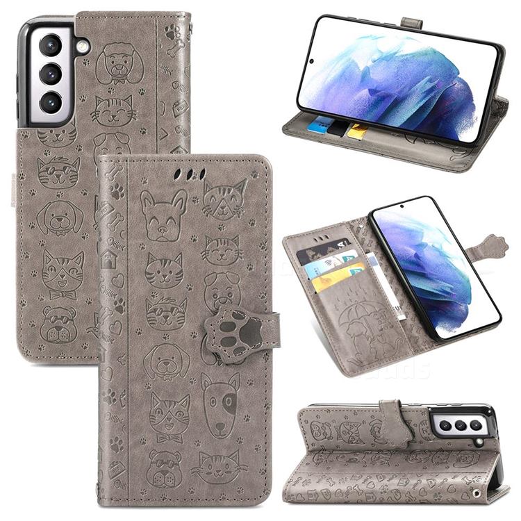 Embossing Dog Paw Kitten and Puppy Leather Wallet Case for Samsung Galaxy S21 - Gray