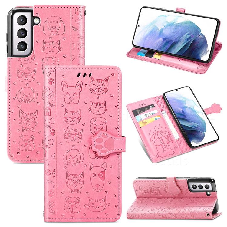 Embossing Dog Paw Kitten and Puppy Leather Wallet Case for Samsung Galaxy S21 - Pink