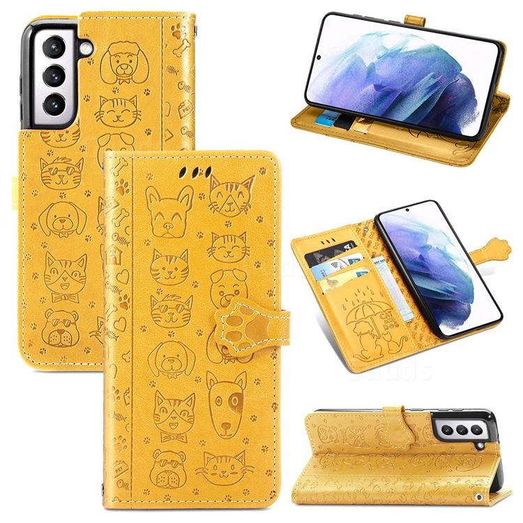 Embossing Dog Paw Kitten and Puppy Leather Wallet Case for Samsung Galaxy S21 - Yellow