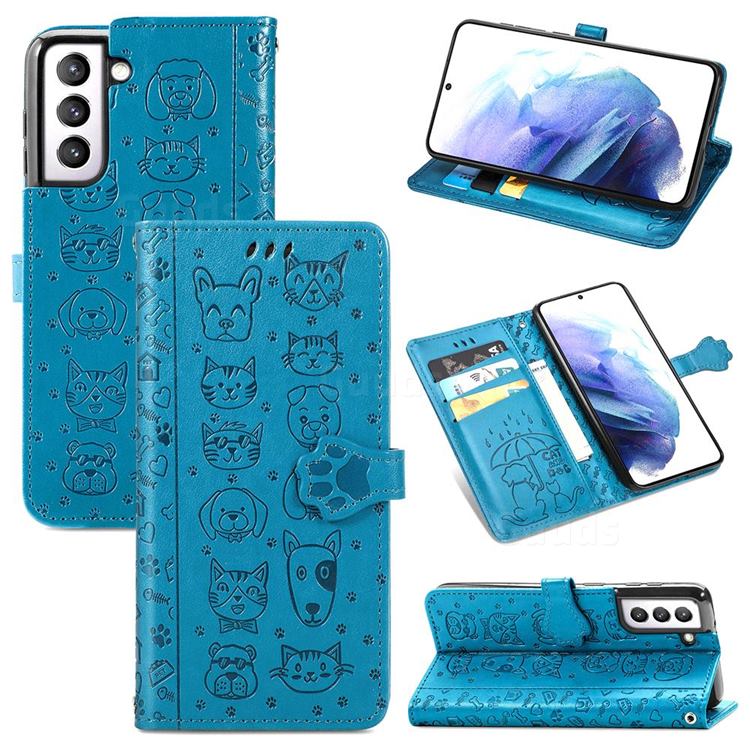 Embossing Dog Paw Kitten and Puppy Leather Wallet Case for Samsung Galaxy S21 - Blue