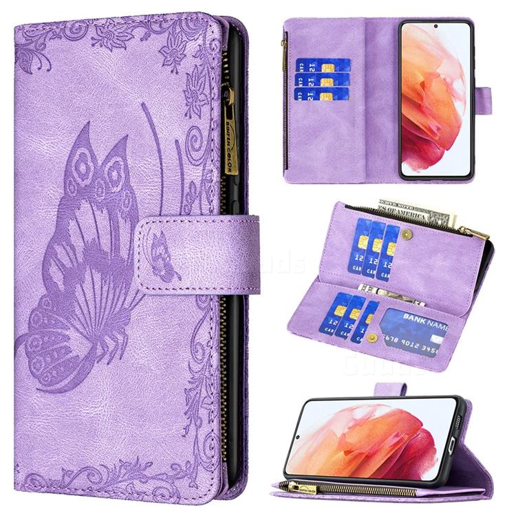 Binfen Color Imprint Vivid Butterfly Buckle Zipper Multi-function Leather Phone Wallet for Samsung Galaxy S21 - Purple