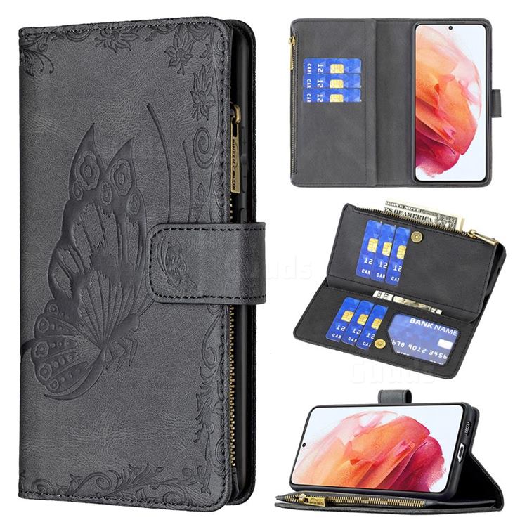 Binfen Color Imprint Vivid Butterfly Buckle Zipper Multi-function Leather Phone Wallet for Samsung Galaxy S21 - Black