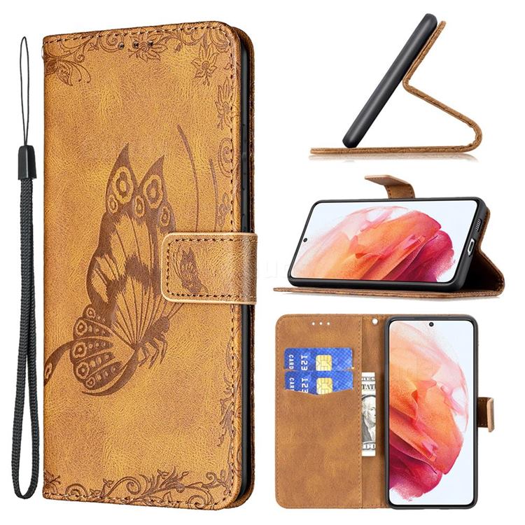 Binfen Color Imprint Vivid Butterfly Leather Wallet Case for Samsung Galaxy S21 - Brown