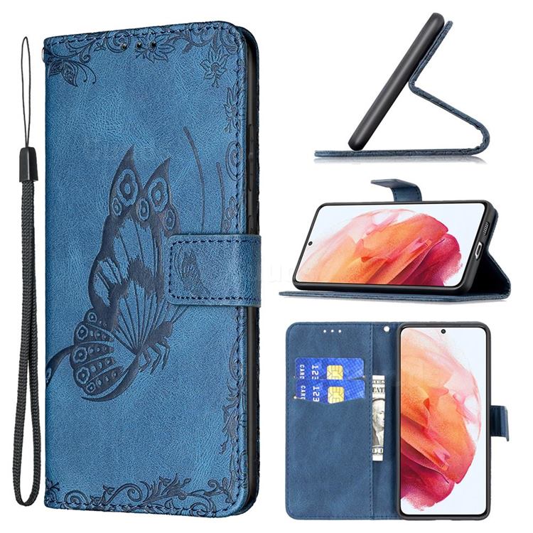 Binfen Color Imprint Vivid Butterfly Leather Wallet Case for Samsung Galaxy S21 - Blue