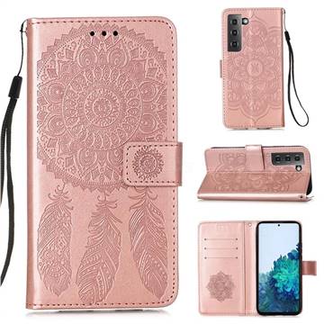 Embossing Dream Catcher Mandala Flower Leather Wallet Case for Samsung Galaxy S21 - Rose Gold