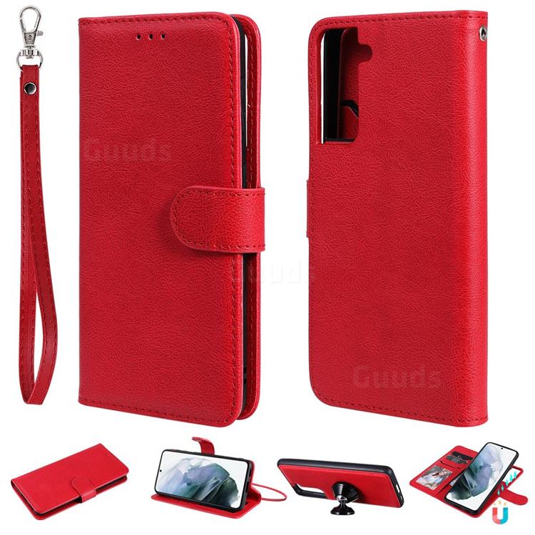 Retro Greek Detachable Magnetic PU Leather Wallet Phone Case for Samsung Galaxy S21 - Red
