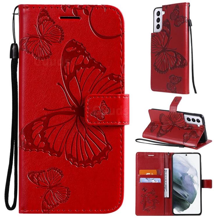 Embossing 3D Butterfly Leather Wallet Case for Samsung Galaxy S21 - Red