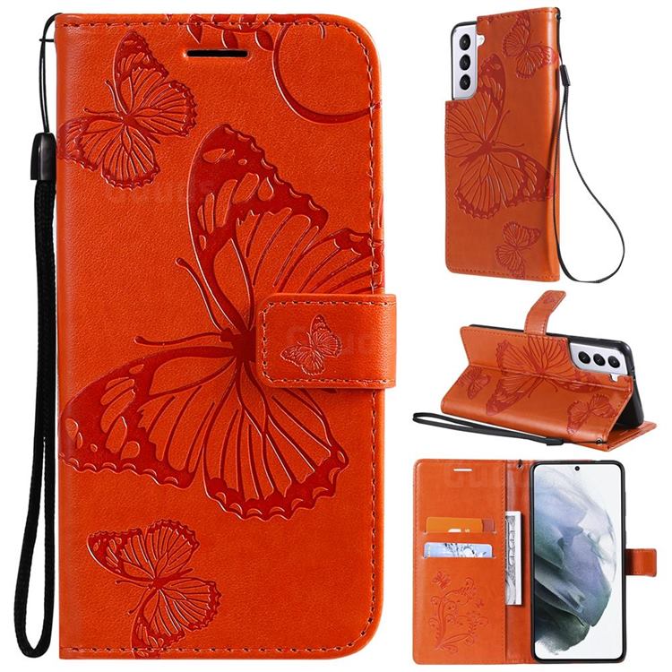 Embossing 3D Butterfly Leather Wallet Case for Samsung Galaxy S21 - Orange