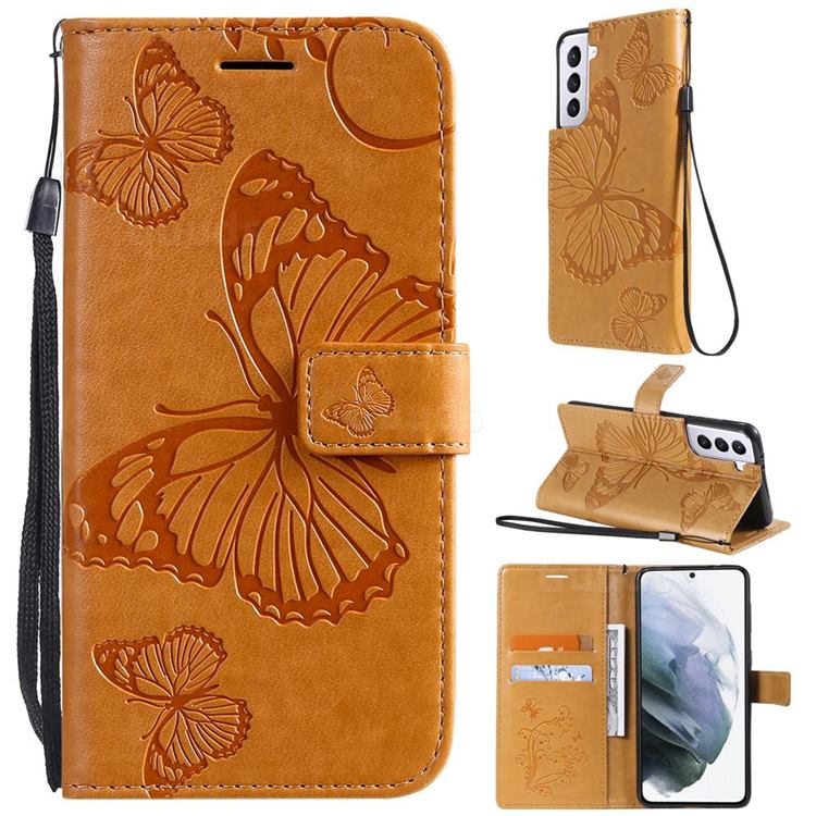 Embossing 3D Butterfly Leather Wallet Case for Samsung Galaxy S21 - Yellow
