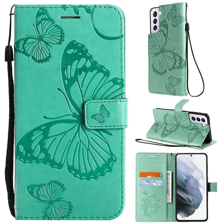 Embossing 3D Butterfly Leather Wallet Case for Samsung Galaxy S21 - Green