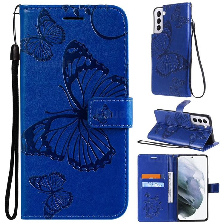 Embossing 3D Butterfly Leather Wallet Case for Samsung Galaxy S21 - Blue