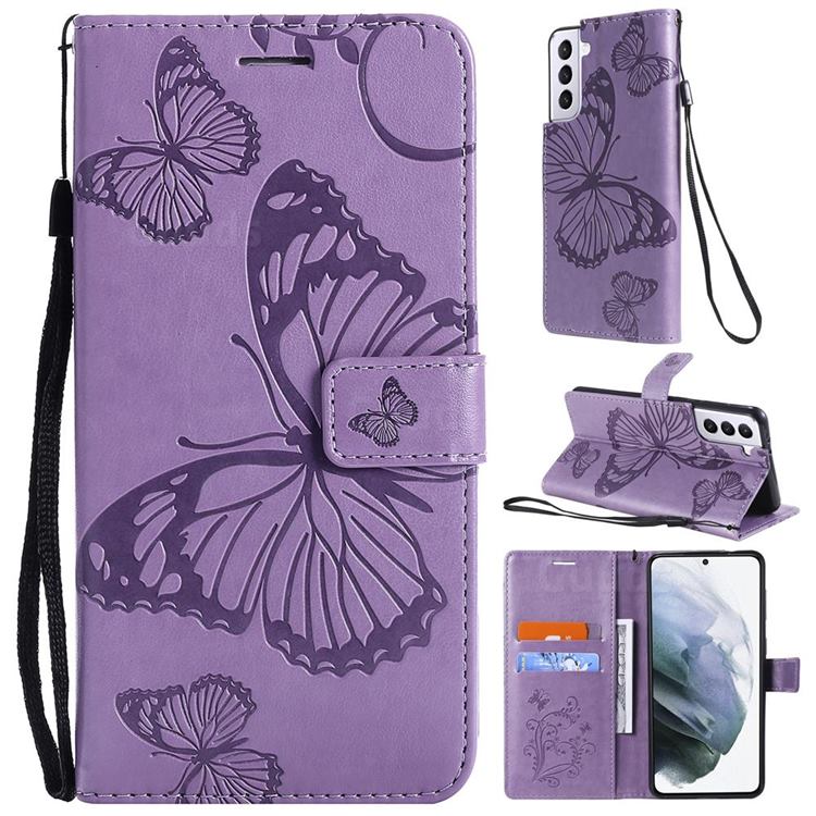 Embossing 3D Butterfly Leather Wallet Case for Samsung Galaxy S21 - Purple