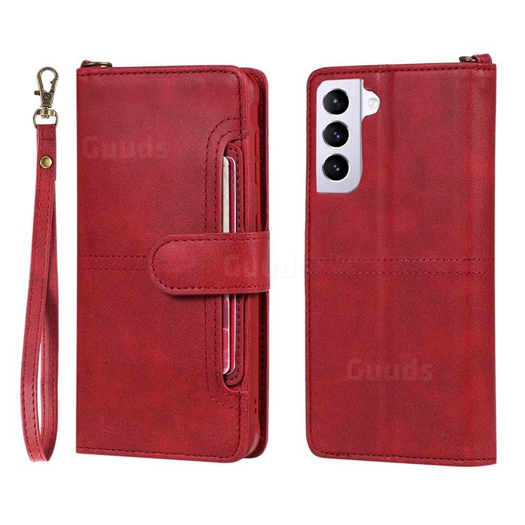 Retro Multi-functional Detachable Leather Wallet Phone Case for Samsung Galaxy S21 - Red