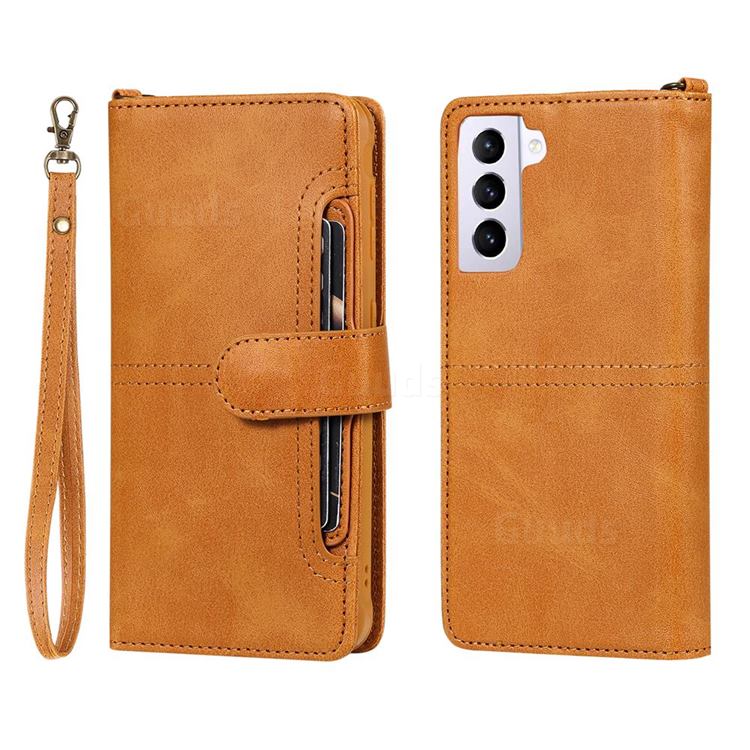 Retro Multi-functional Detachable Leather Wallet Phone Case for Samsung Galaxy S21 - Brown