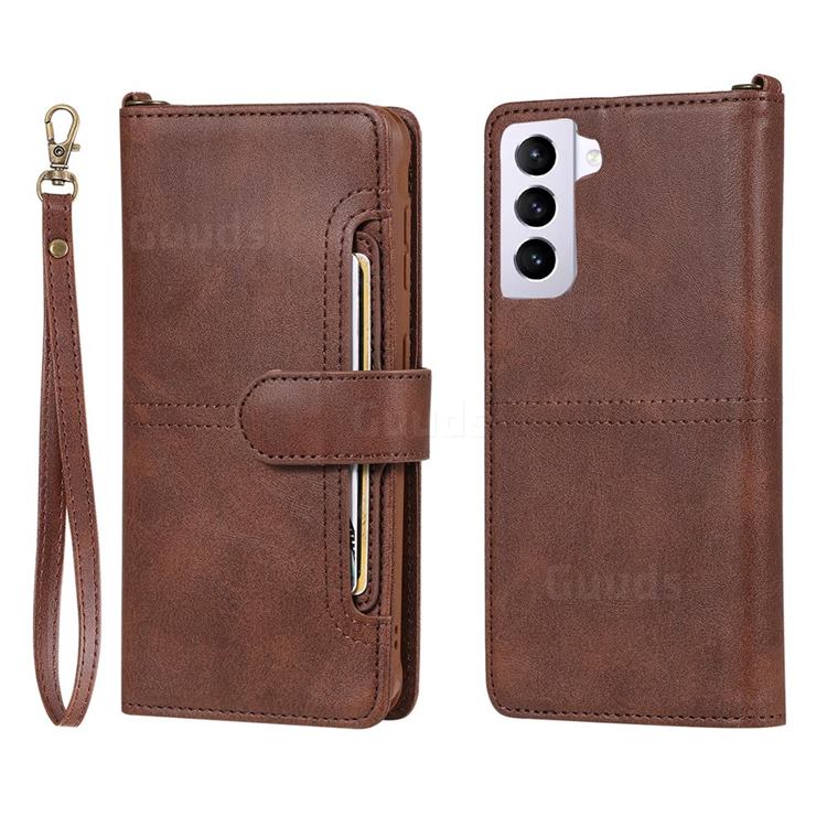 Retro Multi-functional Detachable Leather Wallet Phone Case for Samsung Galaxy S21 - Coffee