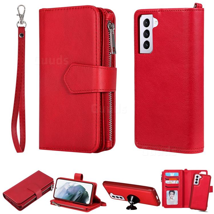 Retro Luxury Multifunction Zipper Leather Phone Wallet for Samsung Galaxy S21 - Red