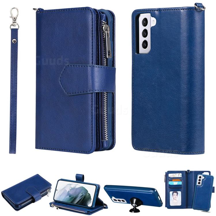 Retro Luxury Multifunction Zipper Leather Phone Wallet for Samsung Galaxy S21 - Blue