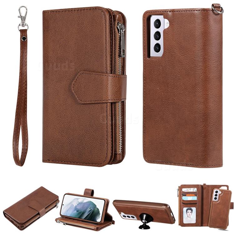 Retro Luxury Multifunction Zipper Leather Phone Wallet for Samsung Galaxy S21 - Brown