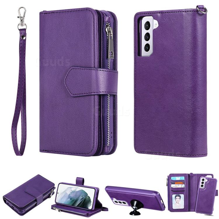 Retro Luxury Multifunction Zipper Leather Phone Wallet for Samsung Galaxy S21 - Purple
