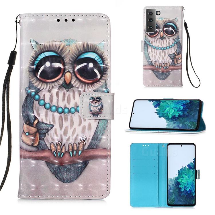 Sweet Gray Owl 3D Painted Leather Wallet Case for Samsung Galaxy S21