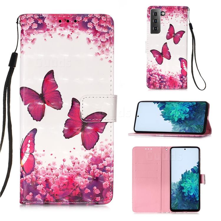 Rose Butterfly 3D Painted Leather Wallet Case for Samsung Galaxy S21
