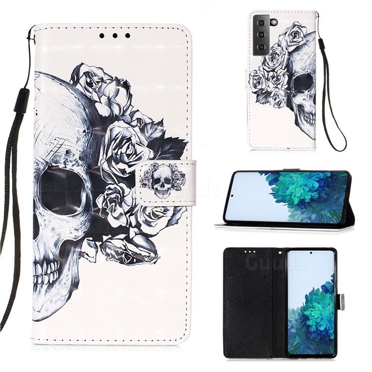Skull Flower 3D Painted Leather Wallet Case for Samsung Galaxy S21
