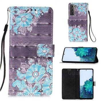 Blue Flower 3D Painted Leather Wallet Case for Samsung Galaxy S21