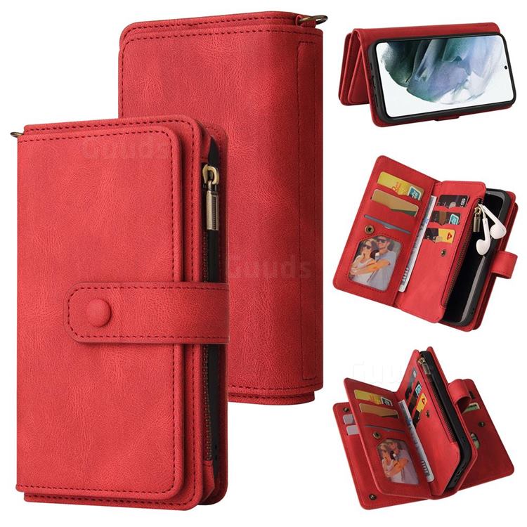 Luxury Multi-functional Zipper Wallet Leather Phone Case Cover for Samsung Galaxy S21 - Red