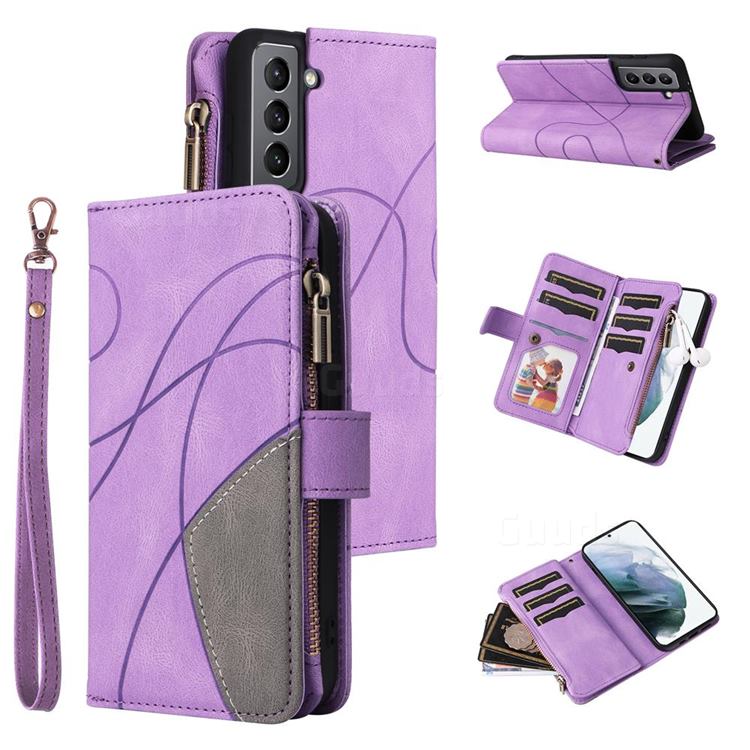 Luxury Two-color Stitching Multi-function Zipper Leather Wallet Case Cover for Samsung Galaxy S21 - Purple