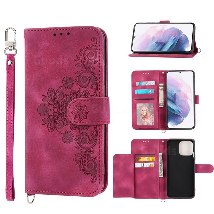 Skin Feel Embossed Lace Flower Multiple Card Slots Leather Wallet Phone Case for Samsung Galaxy S21 - Claret Red