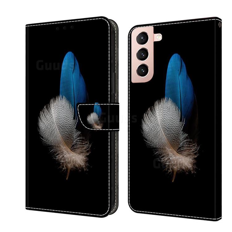 White Blue Feathers Crystal PU Leather Protective Wallet Case Cover for Samsung Galaxy S21