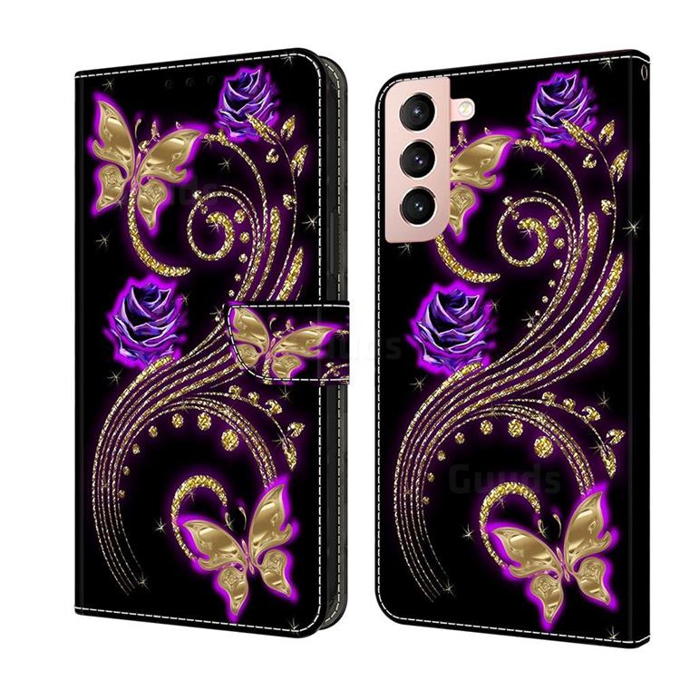 Purple Flower Butterfly Crystal PU Leather Protective Wallet Case Cover for Samsung Galaxy S21
