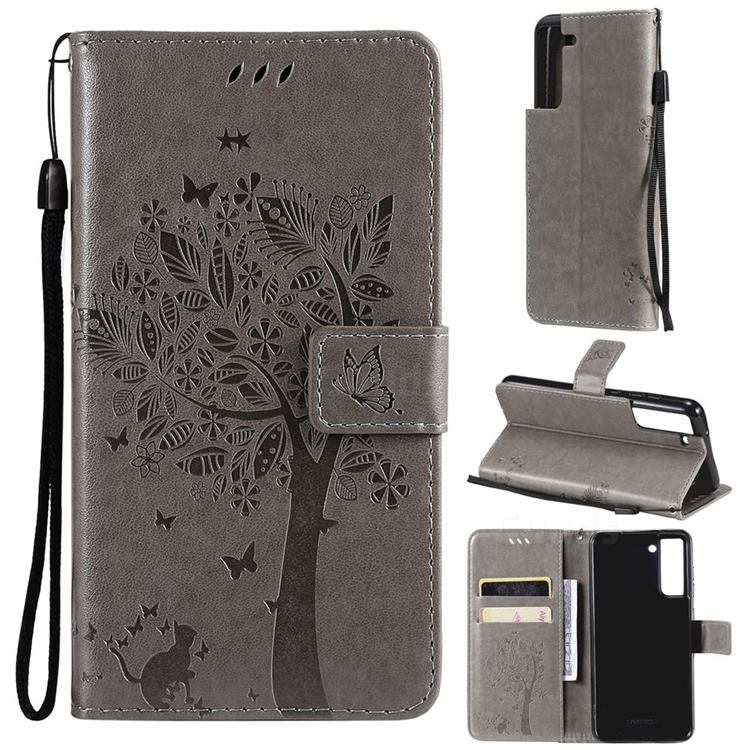 Embossing Butterfly Tree Leather Wallet Case for Samsung Galaxy S21 FE - Grey