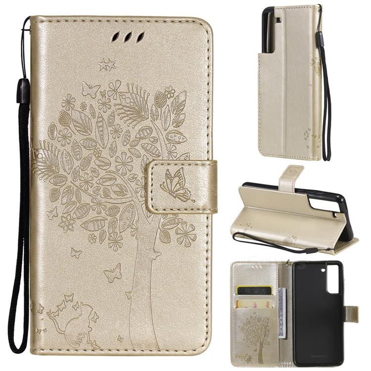 Embossing Butterfly Tree Leather Wallet Case for Samsung Galaxy S21 FE - Champagne