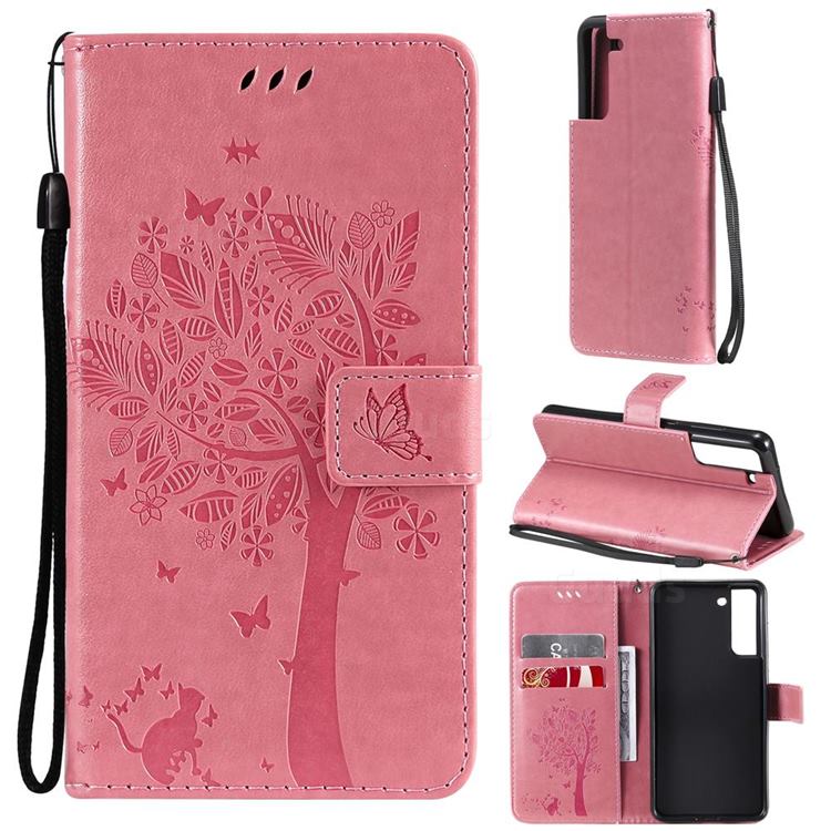 Embossing Butterfly Tree Leather Wallet Case for Samsung Galaxy S21 FE - Pink
