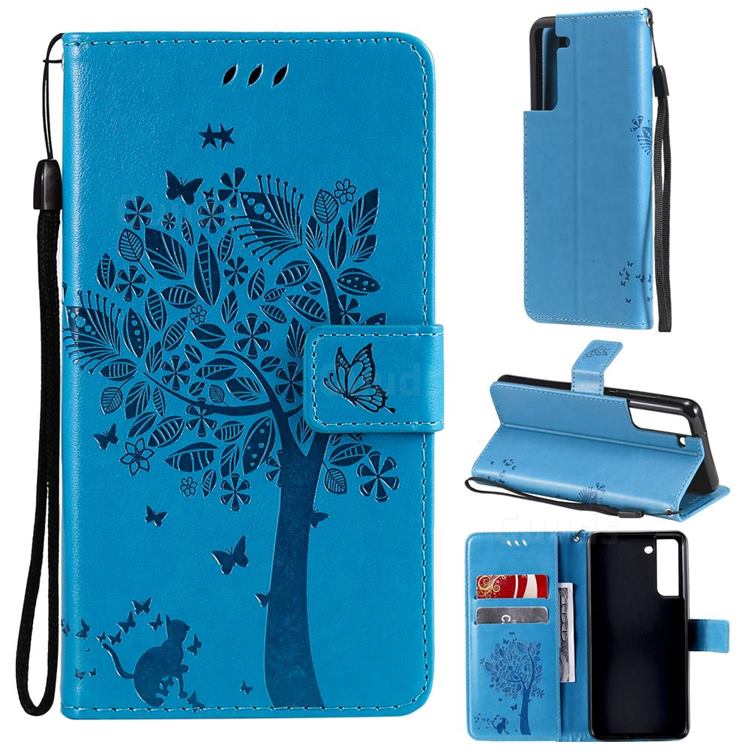Embossing Butterfly Tree Leather Wallet Case for Samsung Galaxy S21 FE - Blue