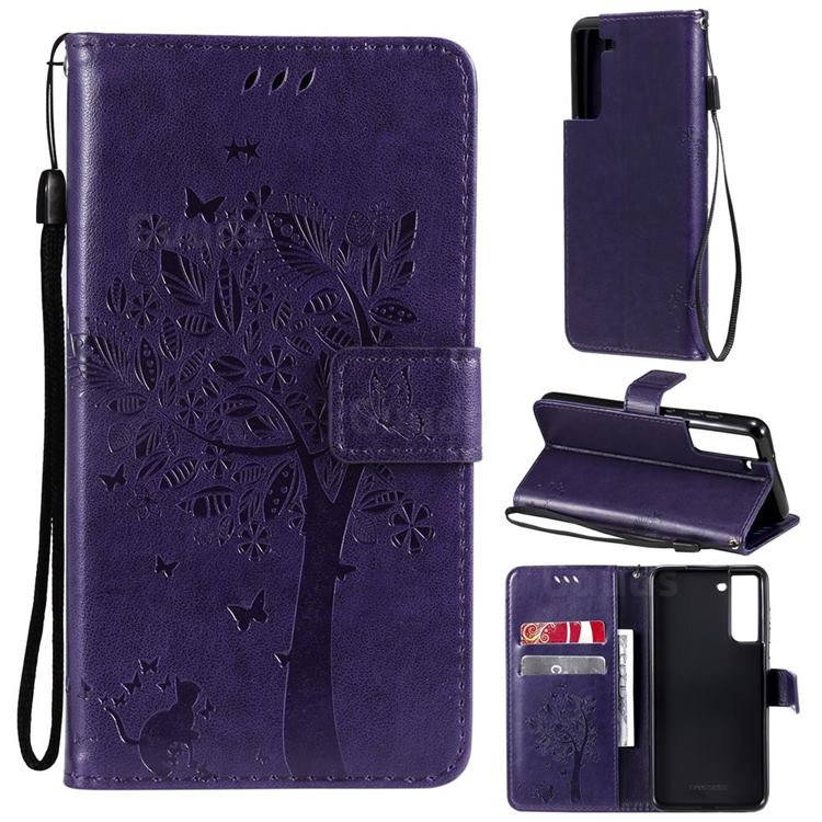 Embossing Butterfly Tree Leather Wallet Case for Samsung Galaxy S21 FE - Purple