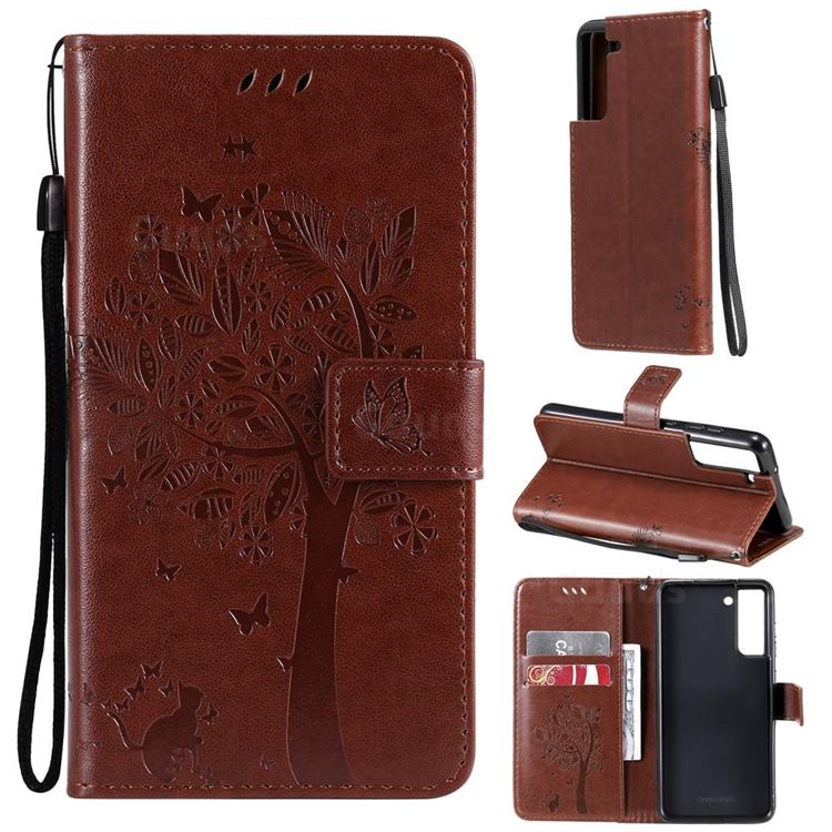 Embossing Butterfly Tree Leather Wallet Case for Samsung Galaxy S21 FE - Coffee
