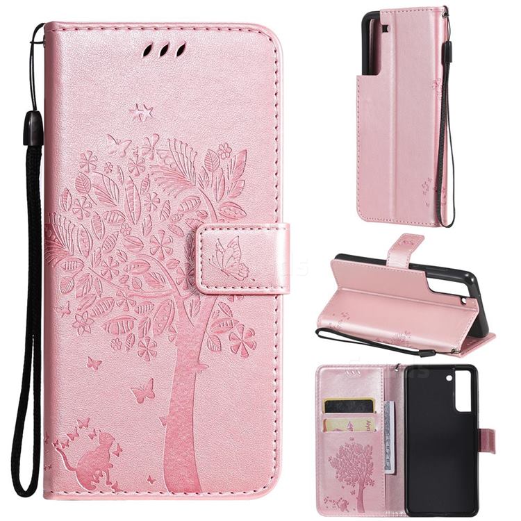 Embossing Butterfly Tree Leather Wallet Case for Samsung Galaxy S21 FE - Rose Pink