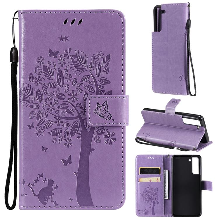 Embossing Butterfly Tree Leather Wallet Case for Samsung Galaxy S21 FE - Violet