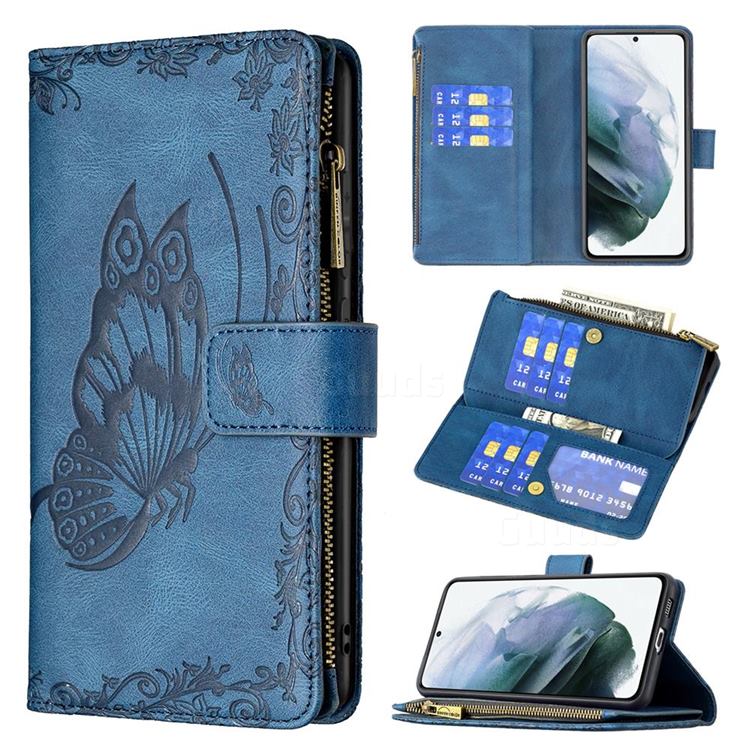 Binfen Color Imprint Vivid Butterfly Buckle Zipper Multi-function Leather Phone Wallet for Samsung Galaxy S21 FE - Blue